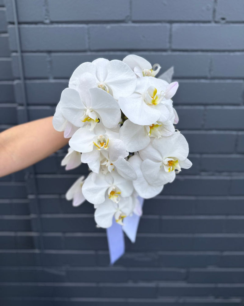 Luxurious cascading white orchid bridal bouquet tied with a white ribbon.