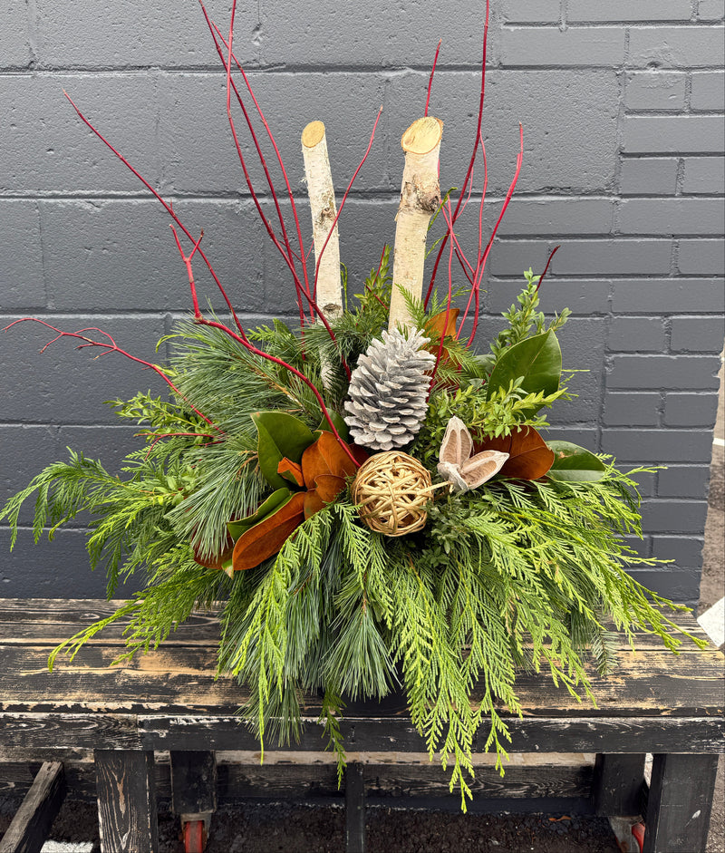 Decorative winter planter arrangement of greenery, pinecones, and branches.