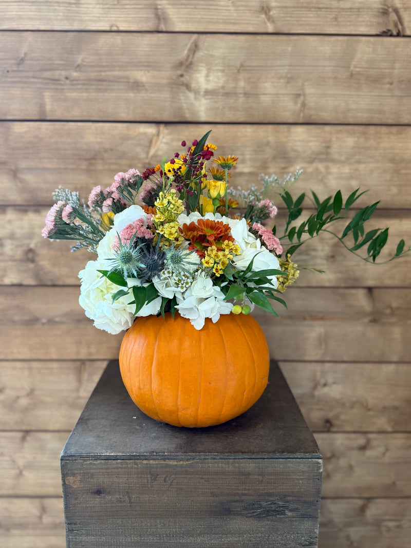 Thanksgiving flower arrangement in a real pumpkin vase with autumn blooms.