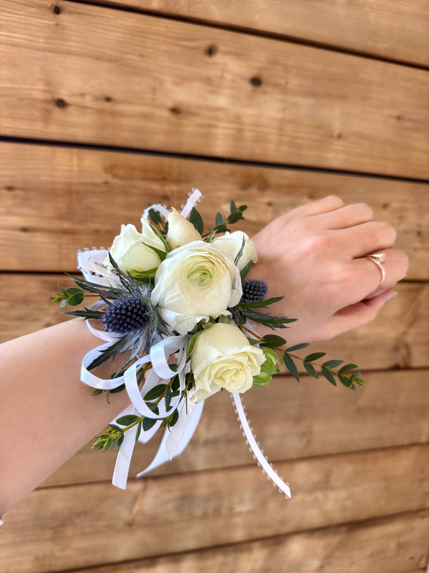 White Ranunculus & Spray Rose Corsage
