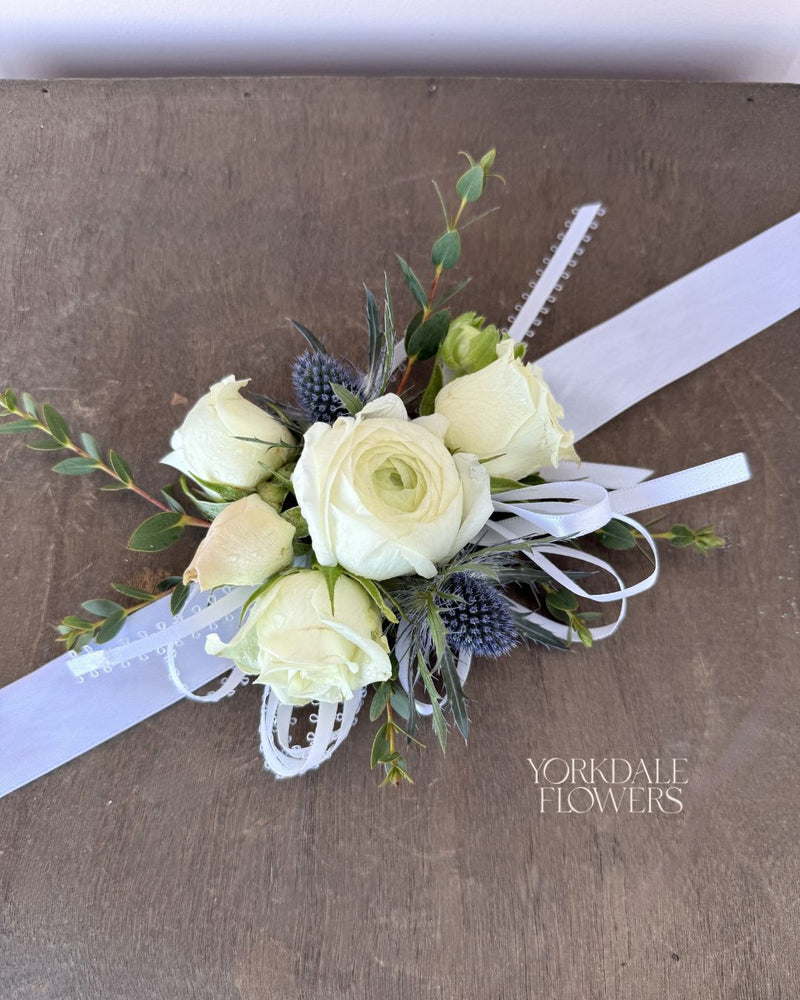 White Ranunculus & Spray Rose Corsage